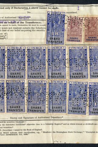 India KGVI 19 x Share Transfer Revenue Stamps on piece total 138 R