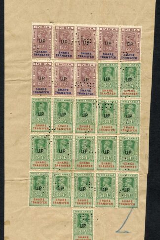 India KGV and KGVI 26 X Share Transfer Revenue Stamps OPT UTAR PRADESH on Piece