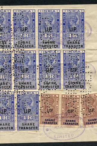 India KGVI 14 X Share Transfer Revenue Stamps OPT UTAR PRADESH on Piece
