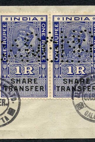 India KGVI 5R 1R Pair and 8a Share Transfer Revenue Stamps on piece (1)