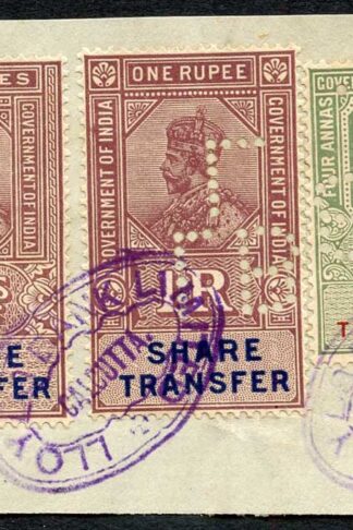 India KGV 10R 1R and 4a Share Transfer Revenue Stamps on piece Perfin LBL