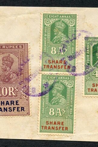 India KGV 10R 8a x 2 and 4a Share Transfer Revenue Stamps on piece (3)