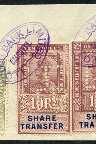 India KGV 10R 4a and 1R Share Transfer Revenue Stamps on piece Perfin LBL