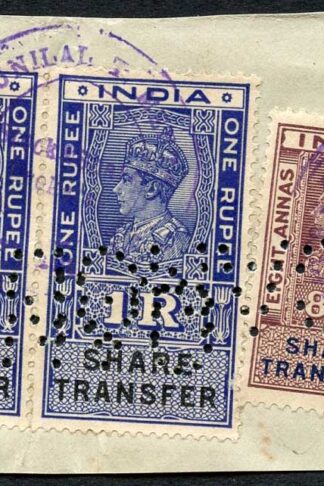 India KGVI 3 x Share Transfer Revenue Stamps on piece (1)