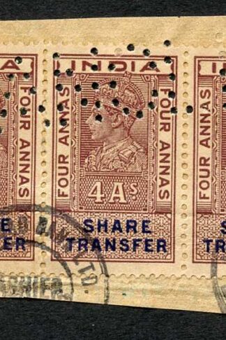 India KGVI 4a x 3 Share Transfer Revenue Stamps on piece