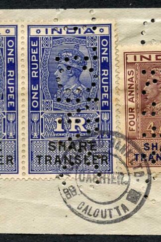 India KGVI 5 x Share Transfer Revenue Stamps on piece (2)
