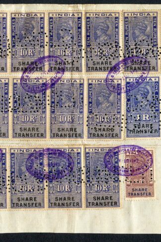 India KGV 22 x Share Transfer Revenue Stamps on piece total 157R
