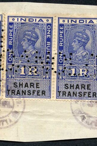 India KGVI 5R 1R Pair and 8a Share Transfer Revenue Stamps on piece (2)
