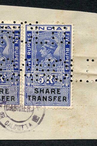 India KGVI 2 x Share Transfer Revenue Stamps on piece (1)