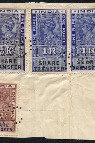 India KGVI 7 x Share Transfer Revenue Stamps on piece (1)