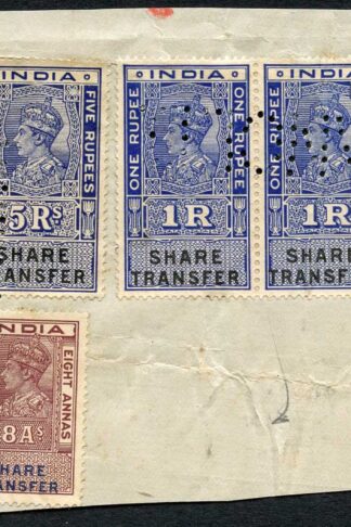 India KGVI 7 x Share Transfer Revenue Stamps on piece (3)