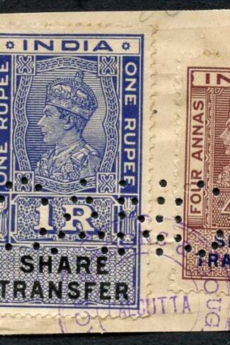 India KGVI 2 x Share Transfer Revenue Stamps on piece (2)