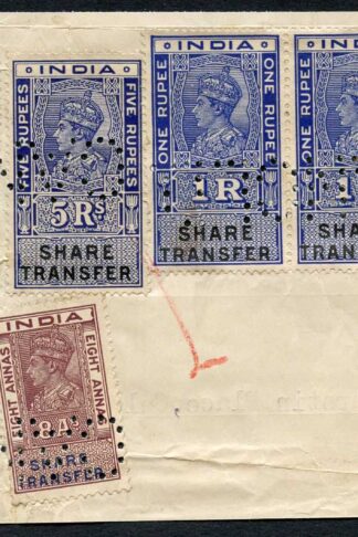 India KGVI 6 x Share Transfer Revenue Stamps on piece (1)