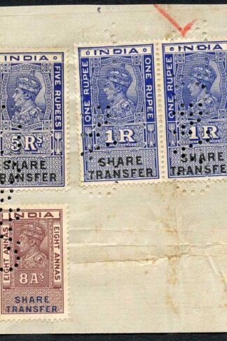 India KGVI 7 x Share Transfer Revenue Stamps on piece (4)