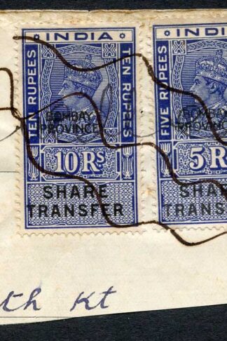 India KGVI 2 x Share Transfer Revenue Stamps Opt BOMBAY PROVINCE on piece