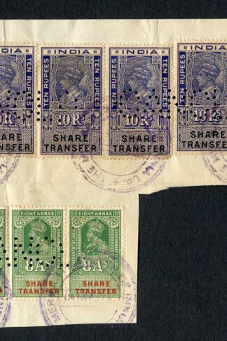 India KGV and KGVI 16 x Share Transfer Revenue Stamps on piece