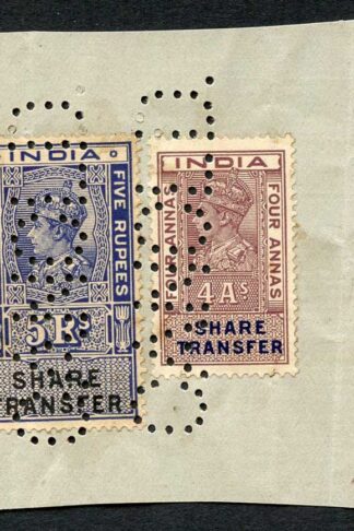India KGVI 2 x Share Transfer Revenue Stamps on piece (3)