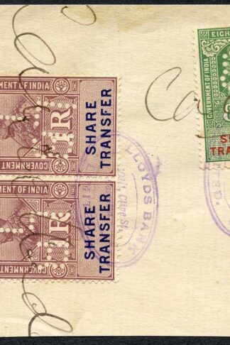 India KGV 3 x Share Transfer Revenue Stamps on piece