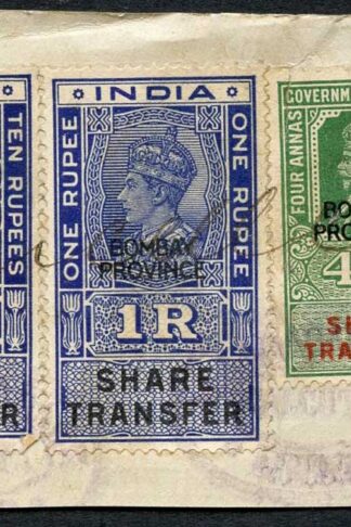 India KGV/VI 3 x Share Transfer Revenue Stamps Opt BOMBAY PROVINCE on piece