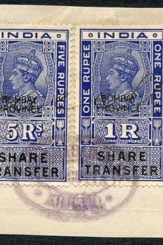 India KGVI 2 x Share Transfer Revenue Stamps Opt BOMBAY PROVINCE on piece