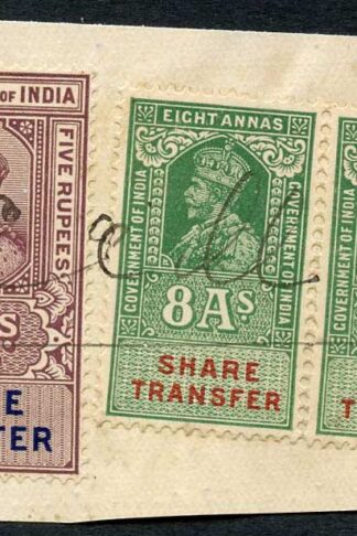 India KGV 3 x Share Transfer Revenue Stamps on piece