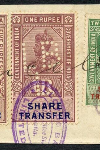 India KGV 3 x Share Transfer Revenue Stamps on piece