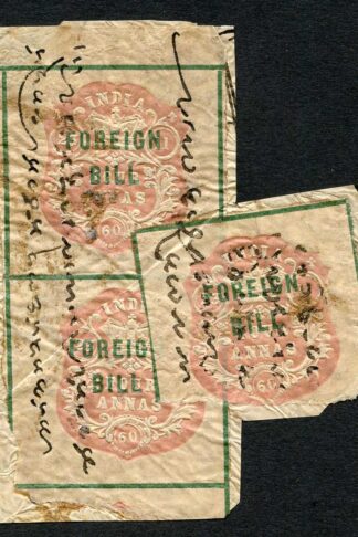 India 3 x 4a Foreign Bill Revenue Stamps on small piece