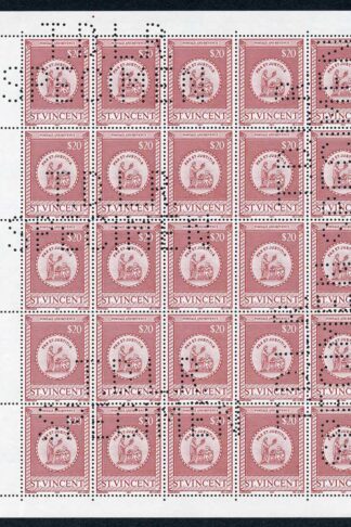 St Vincent SGF4 20 Dollars Postal Fiscal Pane of 25 Perfin TDL SPECIMEN U/M