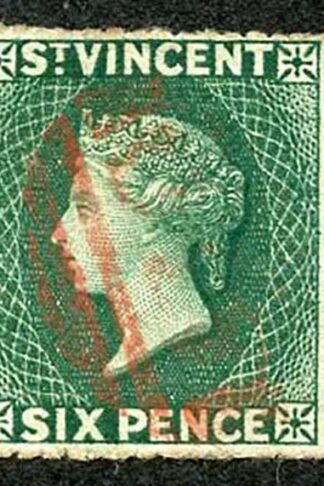 St Vincent SG4 1862 6d Deep Green No Wmk Rough Perf 14 to 16 Red Cancel
