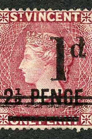 St Vincent SG46x 1d on 2 1/2d on 1d lake wmk crown CA Reversed J Short Serif