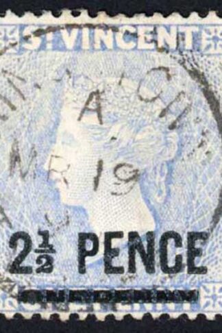 St Vincent SG49 2 1/2d on 1d Milky blue wmk Crown CA Fine used Cat 12 Pounds
