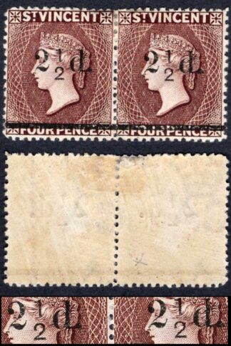 St Vincent SG54 2 1/2d on 4d Chocolate NO FRACTION BAR in Pair with Normal M/M