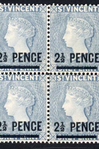 St Vincent SG55 2 1/2d Grey-blue (line perf) Wmk Crown CA U/M BLOCK of FOUR