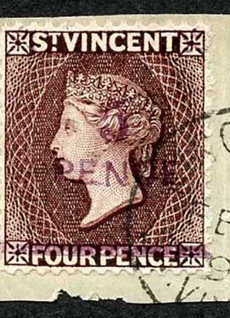 St Vincent SG59 5d on 4d Chocolate Fine used on Piece Cat 60 pounds