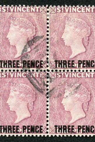 St Vincent SG63a 1897 3d on 1d Red-Mauve Block of FOUR FAKE Cancel