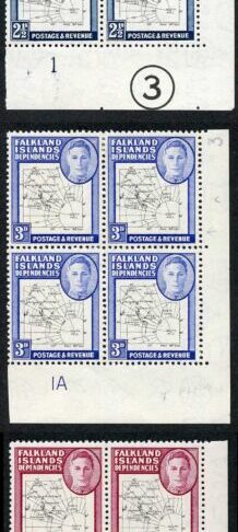 Falkland Is Dep SGG9/G16 Thin Map Set with Dot on T in U/M PLATE BLOCKS