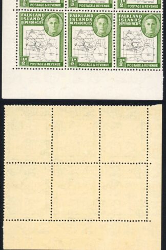 Falkland Is Dep SGG9d 1/2d Thin Map Variety Dot in T x 2 in U/M PLATE Block of 6