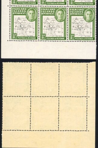Falkland Is Dep SGG9d 1/2d Thin Map Variety Dot in T x 2 in U/M PLATE Block of 6