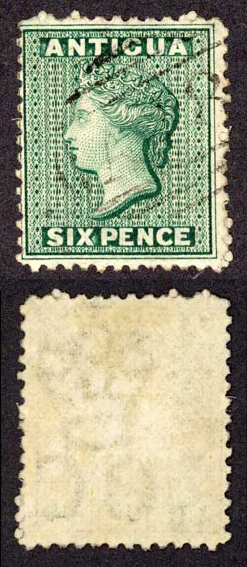 Antigua SG15 6d Blue-green Wmk Crown CC Perf 12.5 Fine used Cat 11 Pounds