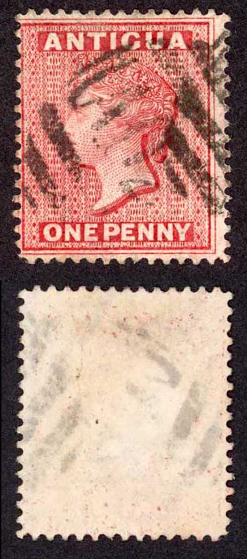 Antigua SG25 1d Carmine-red Wmk Crown CA Perf 14 Cat 3.75 Pounds