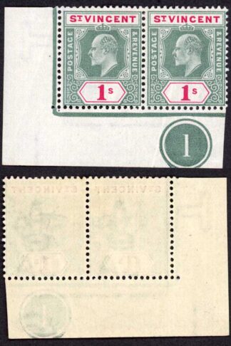 St Vincent SG82 1902 KEVII 1/- Wmk Crown CA Plate Number Pair M/M (Gum Bend)