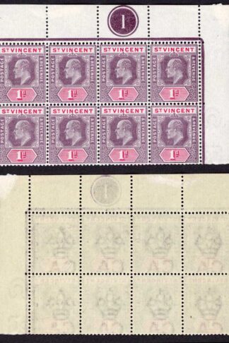 St Vincent SG77 1902 KEVII 1d Wmk Crown CA Plate Number Block U/M