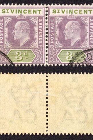 St Vincent SG80 1902 3d KEVII Wmk Crown CA CDS PAIR
