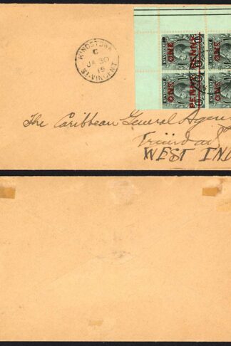 St Vincent SG121 1915 ONE PENNY on 1/- Black/Green BLOCK on FIRST DAY COVER