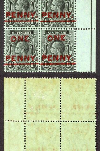 St Vincent SG121 1915 ONE PENNY on 1/- Black/Green U/M Block Line Perf Cat 40++