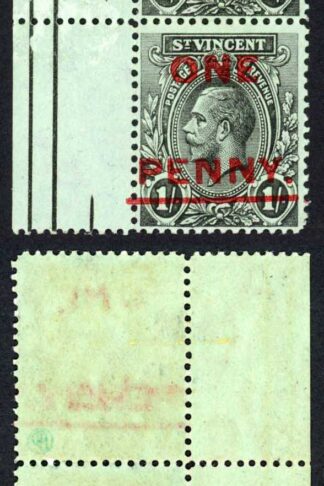 St Vincent SG121c 1915 ONE PENNY on 1/- Penny and Bar DOUBLED U/M