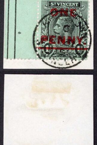 St Vincent SG121 1915 ONE PENNY on 1/- Black/Green SUPERB Used on Piece