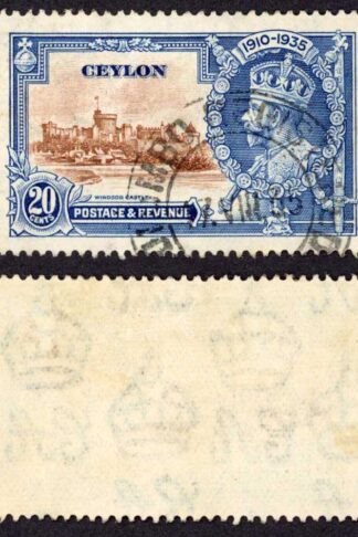 Ceylon SG381f 1935 20c Silver Jubilee Variety Diagonal Line by Turret Cat 130 p