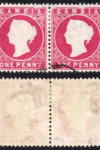 Gambia SG23/b 1d Wmk CA S/Ways Fine used Pair (corner missing)