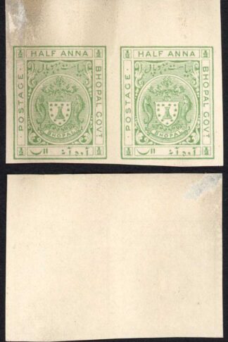 Bhopal SGO314 1932 1/2a Yellow green IMPERF PAIR Plate Proof (no gum)